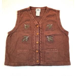 Northern Reflections Knit Vest Leaves Pockets Button-Up Vintage  XL